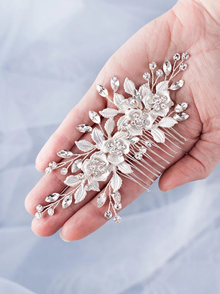 Flower Hair Comb Wedding Hair Accessories Silver Color Rhinestone Headband Bridal Tiara Headband Pins Wedding Jewelry