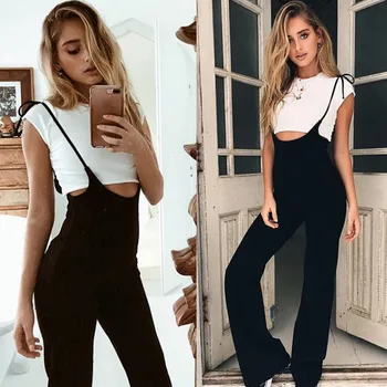 

Women Streetwear Long Pants Bandage Design Button Pockets Decor High Waist Flare Pants Lady Slim Hips Shoulder Straps Trousers