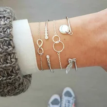 4 шт./компл. в богемном стиле Браслеты Серебро Круглый в форме листа Кристальный браслет бесконечности Комплект женский шарм браслет вечерние ювелирные изделия аксессуары