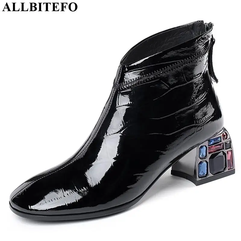 

ALLBITEFO genuine leather crystal heel women boots winter snow ankle boots for women high heels martin boots women heels