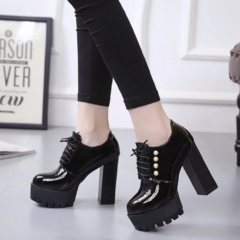 

2020 new women's shoes Europe America style crude heel single shoe waterproof platform round head 12cm bright leather high heels
