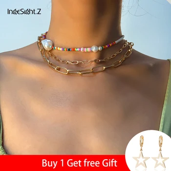 

IngeSight.Z 3Pcs/Set Multi Layered Imitation Pearl Chain Choker Necklace Rainbow Seed Beaded Curb Miami Cuban Necklaces Jewelry