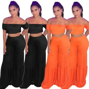 

Active Wear Women's Set Crop Tops Wide Leg Ruffles Flare Bellbottom Pants Suit Tracksuit Two Piece Set Fitness Outfit