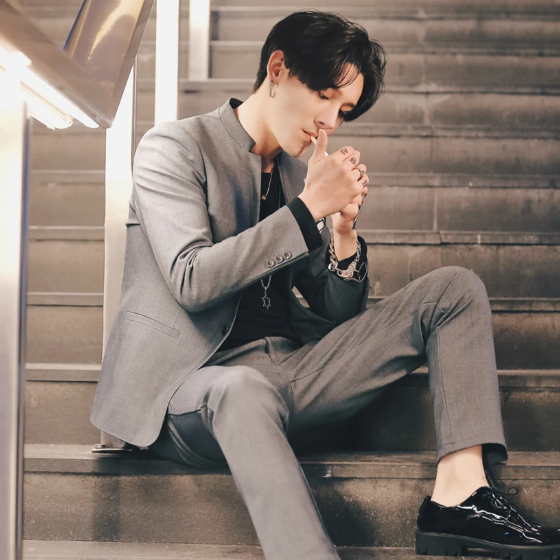 

2020 Spring And Summer New British Style Men's Stand Collar Suit Solid Color Small Suit Two-piece Suit Slim Male Wedding Dress