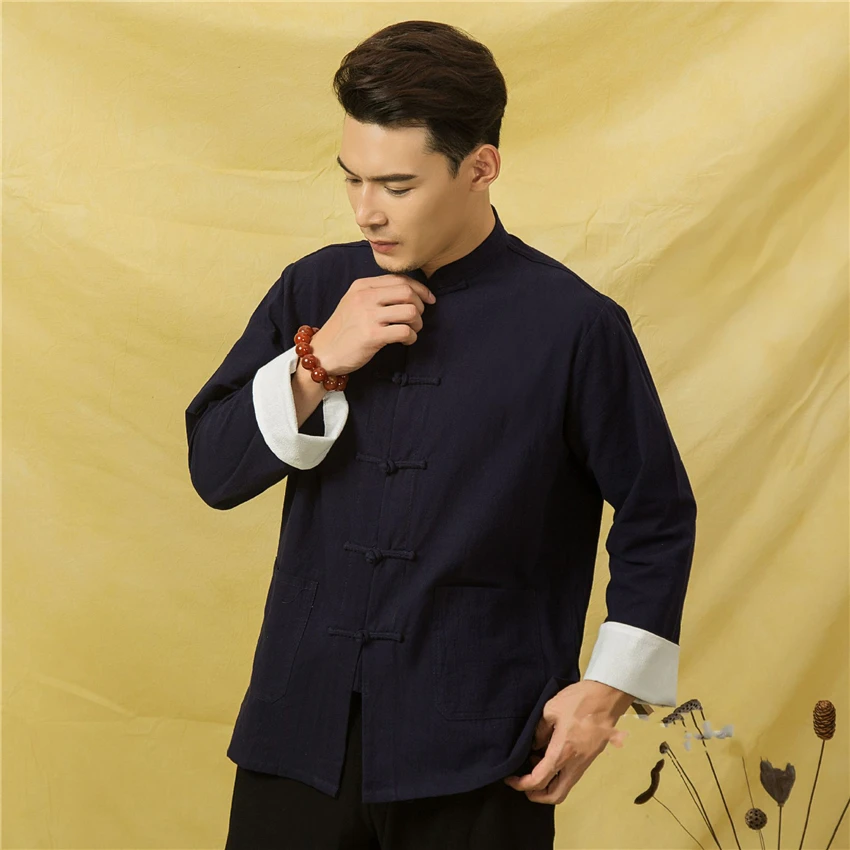 Mandarin Collar Tradtional Chinese Clothing for Men Jacket New Year Clothes Retro Blouse Chinese Shirt Style Tai Chi Uniform