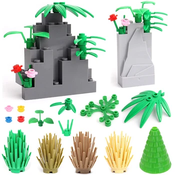 

City Accessories Building Blocks Green Bush Flower Grass Trees Plants Leaves Dark gray Hill Bricks Educational Toys for Children