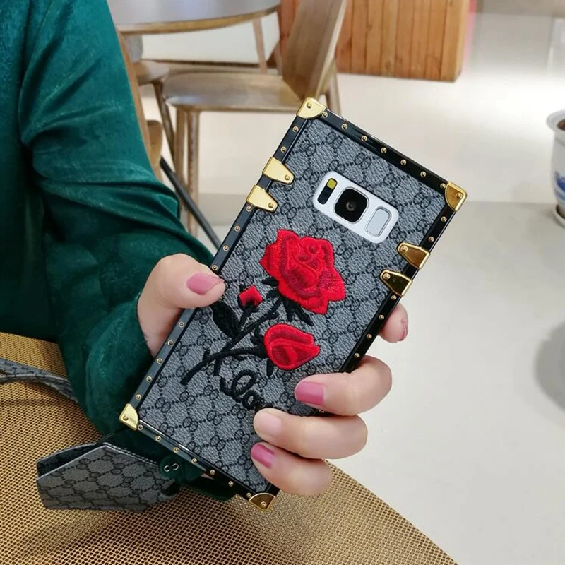 For Samsung Galaxy S10 S9 S8 Plus Note 9 A50 A70 Square Back Cover 3D Embroidery Rose Flower Phone Case Luxury Metal Rivet Frame