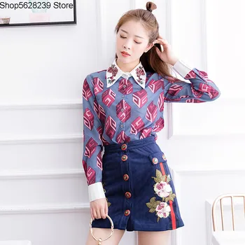 

19 Purple Geometry Pattern Heavy Industry Rhinestone Collar Shirt Shirt Women's Top Very Fairy