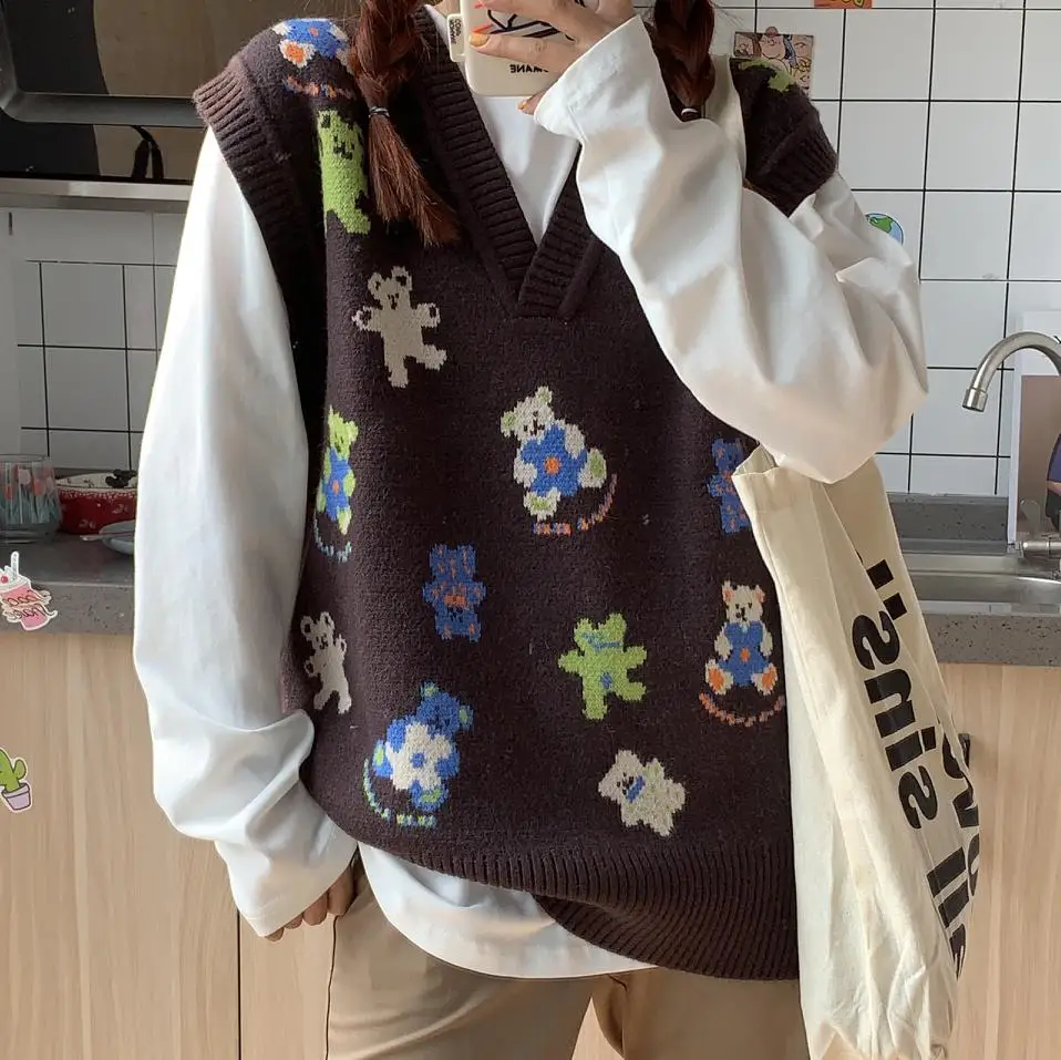 

Wool Sweater Vest Women 2020 Winter Korean Style Vintage Cute Bear V Neck Sleeveless Pullover Waistcoat Knitted Tank Tops
