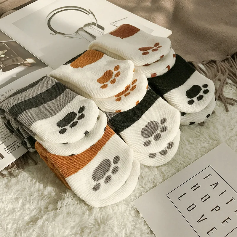 Новые зимние толстые теплые женские короткие милые Носки с рисунком кошачьей лапы, теплые толстые носки в полоску, Модные свободные носки для беременных