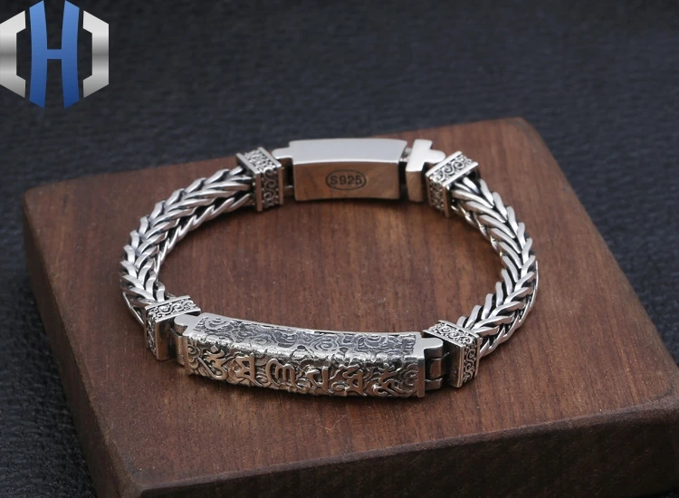 

S925 Sterling Silver Men's Retro Six-word Mantra Xiangyun Bracelet With Thai Silver Personality Hand-woven Bracelet