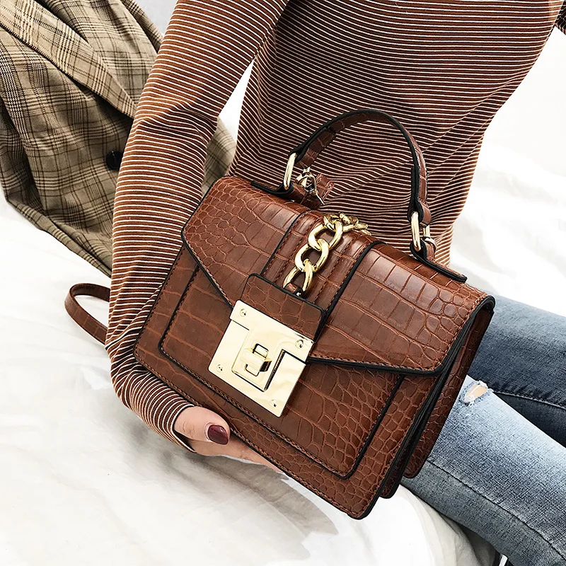 Mododiino, женская сумка с клапаном и каменным узором, сумка на плечо с замком, сумка из искусственной кожи, сумка-мессенджер на цепочке, сумки через плечо, роскошная сумка DNV1222 - Цвет: brown