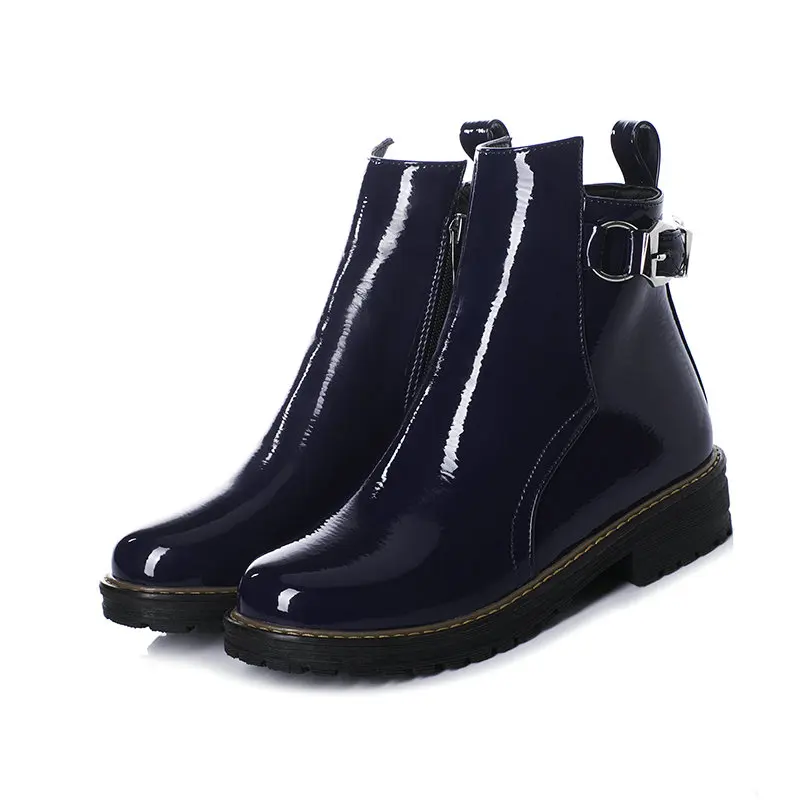 Синий QUTAA PU Patent Leather Autumn Winter Square Middle Heel Women Shoes Round Toe Fashion Buckle Zipper Ankle Boots Size 34-43 - Цвет: Синий