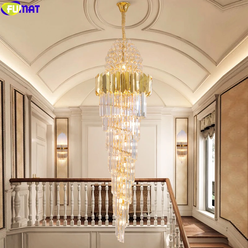 

FUMAT Crystal Ceiling Lamps Stairway Hanging Fixture Chandelier LED Plated Gold Palace Home Decor Duplex Village Villa Lights