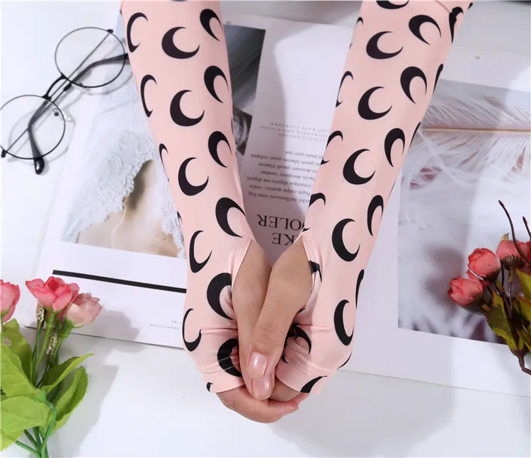 Sunscreen Arm Warmer Fingerless Long Gloves Cotton Cute Kawaii Moon Graphic Print Skinny 90s Sleeve Women Summer Sun Protection