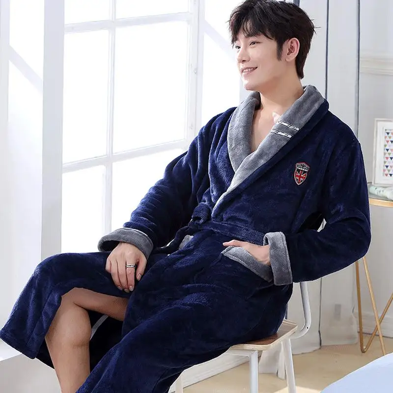 Winter Men's Bathrobe Nightgow Thick Warm Coral Fleece Bath Robe Mens Kimono Dressing Gown Male Homewear Sleepwear Nightwear - Цвет: 004