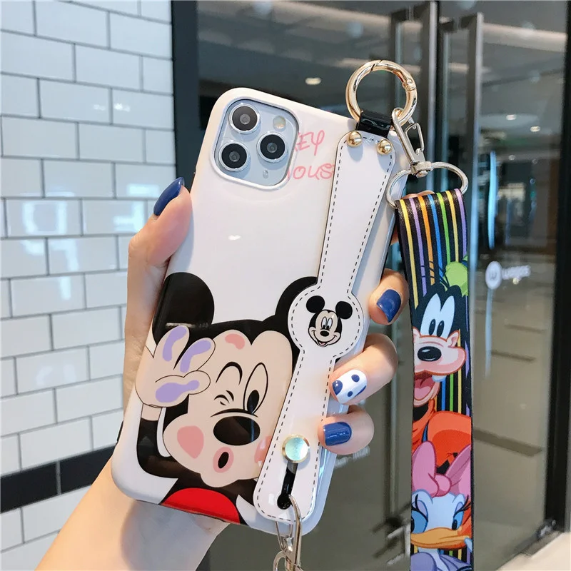 Disney Cartoon Mickey Minnie Mouse Daisy Donald Duck Wrist Strap Lanyard Phone Case For IPhone 12 Pro Max 11 7 8 Plus X XR SE XS