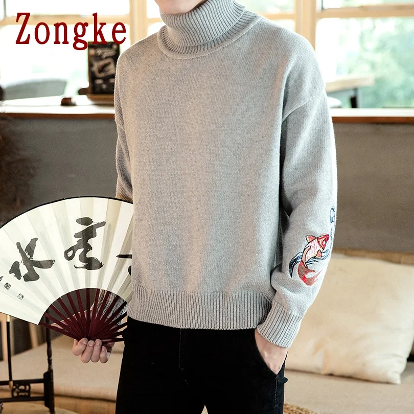 Zongke Carp Embroidery Turtleneck Men Sweater Turtle Neck Men Pullover Sweater Men Coat XXXL Autumn Winter Man Sweaters