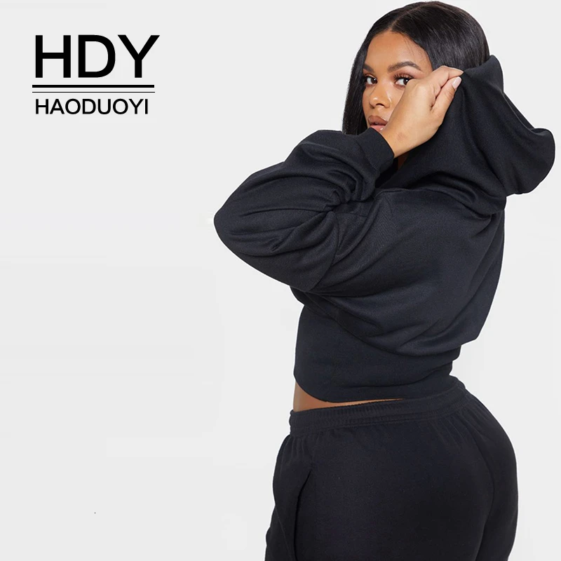 

HDY Haoduoyi New Arrival Autumn Fashion Plus Size Simple And Sexy V-neck Solid Color Short Section Long-sleeved Hooded Waist Top