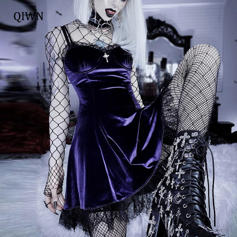 Goth Cross Sexy Purple Dress Vintage Velvet A Line Lolita Dress