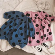 Новое Стильное платье в горошек для девочек, модные хлопковые льняные весенние платья для девочек 2-7 лет, HJ326