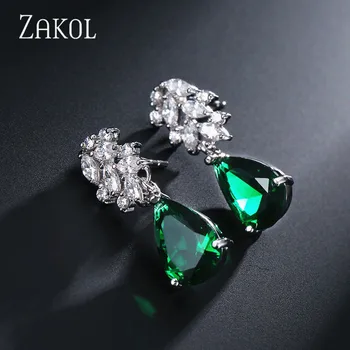 

ZAKOL Autumn New Arrival Fashion Shiny Water Drop Cubic Zirconia Leaf Dangle Earrings for Women Engagement Wedding Jewelry