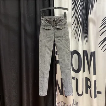 

2020 Spring Autumn Single Breasted Pull Pleated Jeans Women's New Fashion Slim-Fit Pencil Pants High Waist Jeans Ladies Pants