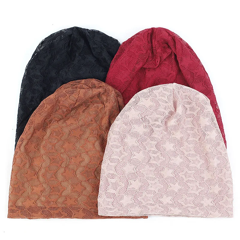 

Women Mesh Double-layer Beanies Star Shape Hats Fashion Casual Soft Skull Cap Elastic Skullies Autumn Winter Warm Breathable Hat