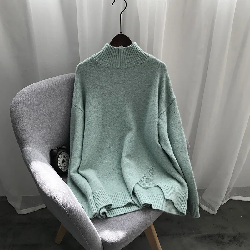 Greenpotterycolor Mooirue зима женский свитер в Корейском стиле с высоким воротом, Свободный вязаный тонкий свитер для женщин, желтый белый свитер - Цвет: Greenpotterycolor