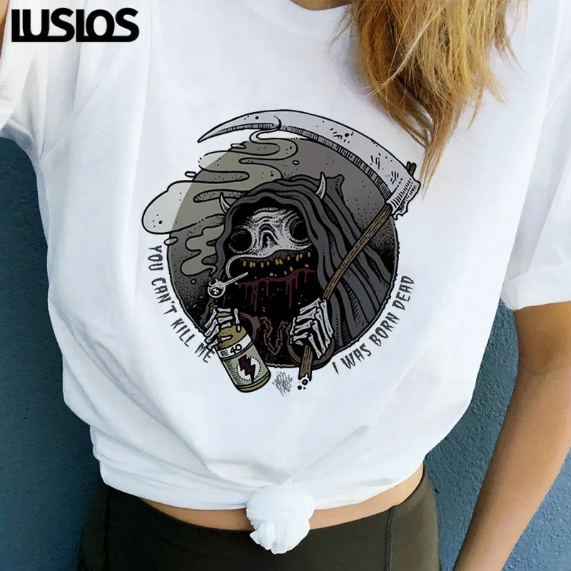 

LUSLOS Female Tees Tops T Shirt Demom Print Halloween T-shirts I WAS BORN DEAD Funny Female Short Sleeve Loose Harajuku Clothes