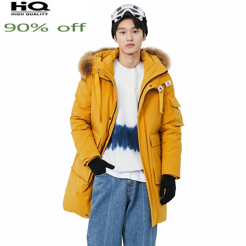 Мужской пуховик с капюшоном из натурального меха енота Мужская одежда корейская