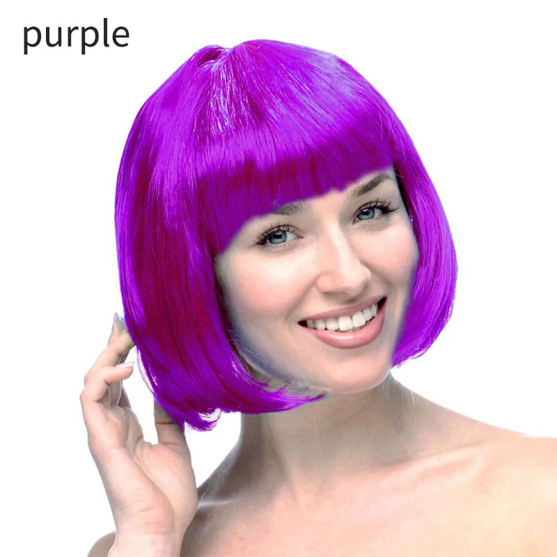 Фиолетовый Short Straight Colorful Bob Wigs Halloween Wig Cosplay Accessories Multifunction PET 1Pcs Costume Ball Rave Party Supplies - Цвет: Фиолетовый