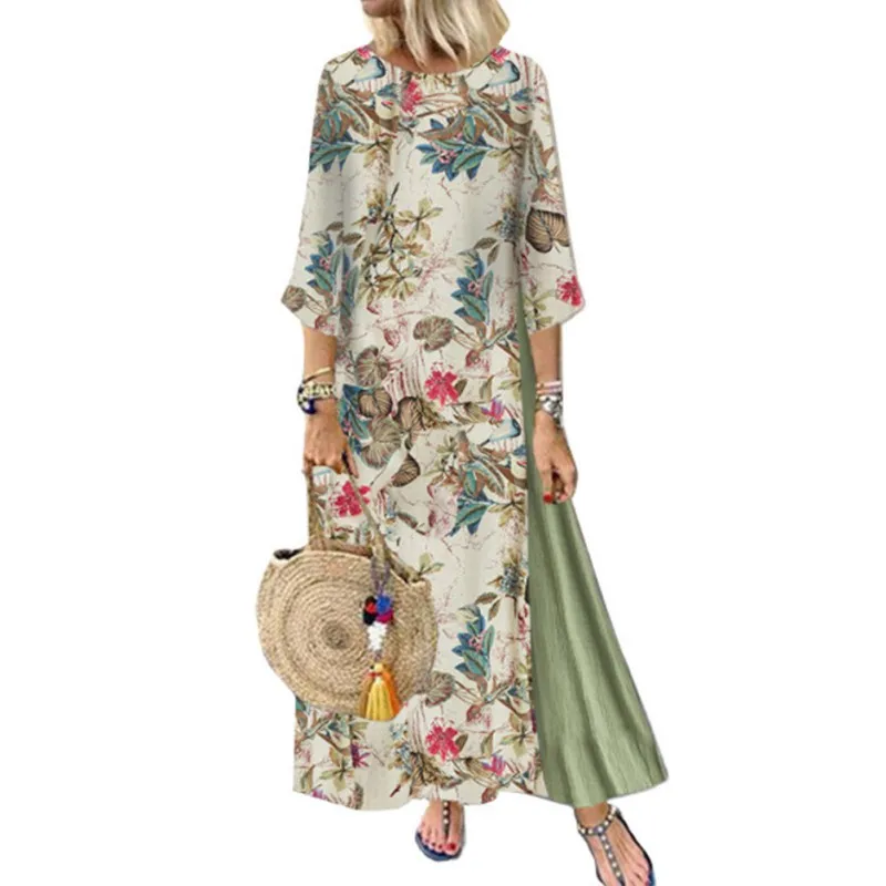 Autumn Long Dress Women Floral Print Boho Dress Three Quarter Sleeve O-neck Collar Dress Ladies Patchwork Loose Dresses HX01