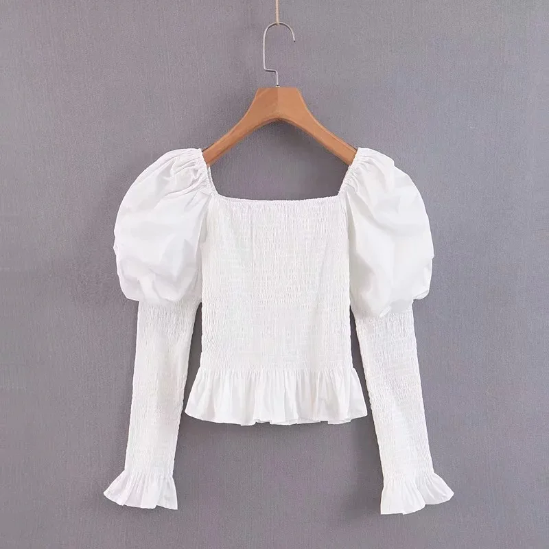 

Women Long Sleeve Top Tops Cotton Long Puff Sleeve Shirt White Lady Slim Female Fashion Blouse Shirts Korean Fashion Clothing
