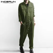 INCERUN мужской комбинезон карго с длинным рукавом и пуговицами, Ретро стиль, однотонный комбинезон с отворотом, штаны для мужчин, уличная мода, повседневные Комбинезоны, S-5XL