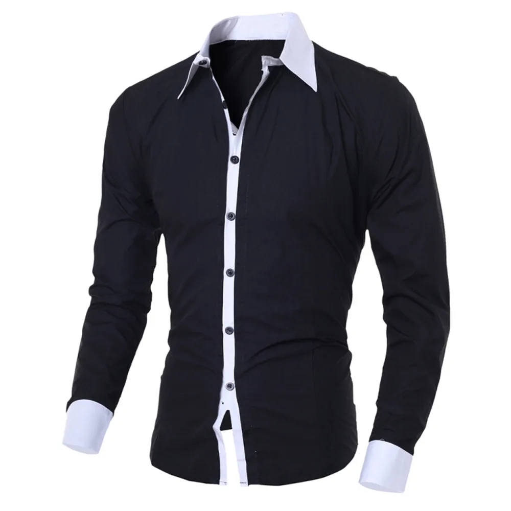 Мужские рубашки, модная мужская повседневная приталенная рубашка с длинным рукавом, топ, блузка, 5 цветов, черная белая мужская футболка, стиль - Цвет: Black