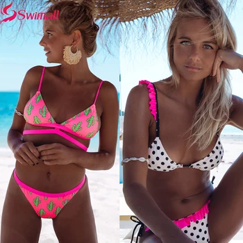 

2020 Sexy Bikini Ruffled Shoulder Strap Swimsuit Female Floral Print Low waist Swimwear Bikinis Beachwear Brazilian feminino