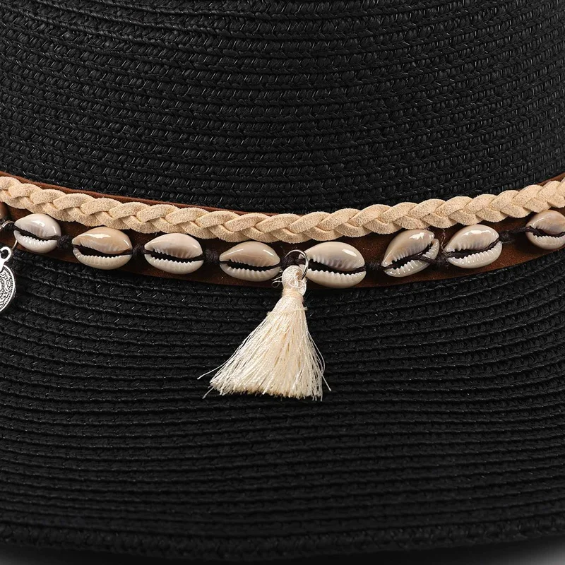 Shell Tassels Cowgirl Summer Hat Straw Hat For Women Men Western Cowboy Hat Lady Trendy Woven Sun Hat Beach Cap Black