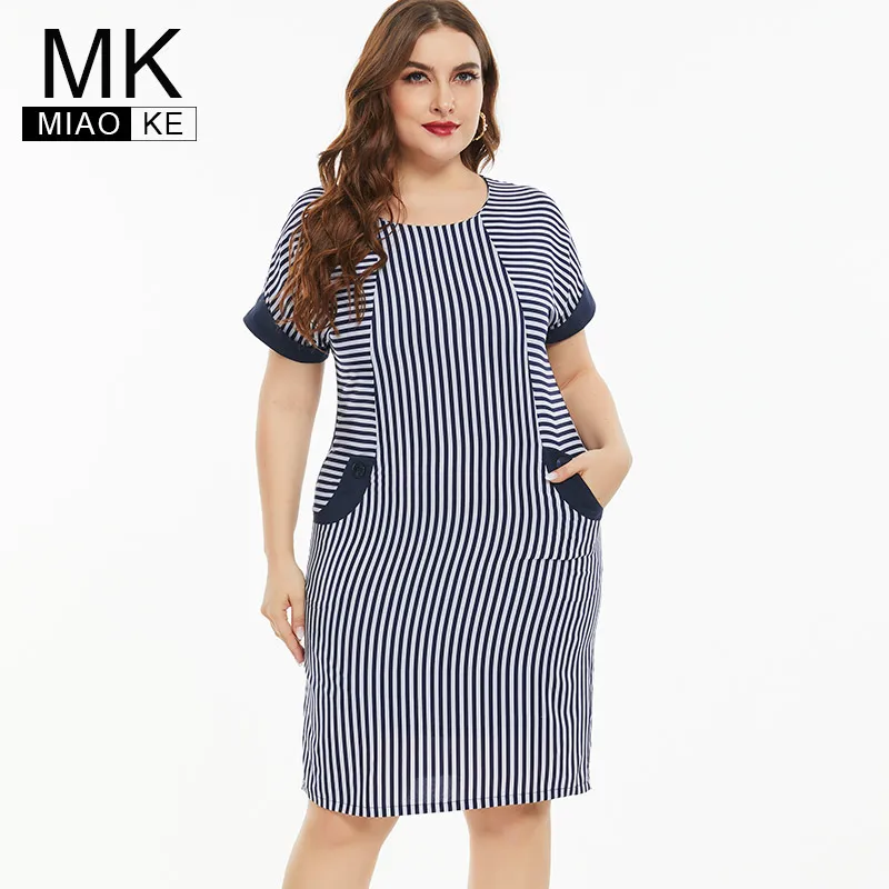 Elegant Dress Clothing Plus-Size Summer Vintage Women Ladies 5XL 4XL 6XL Fashion Stripe