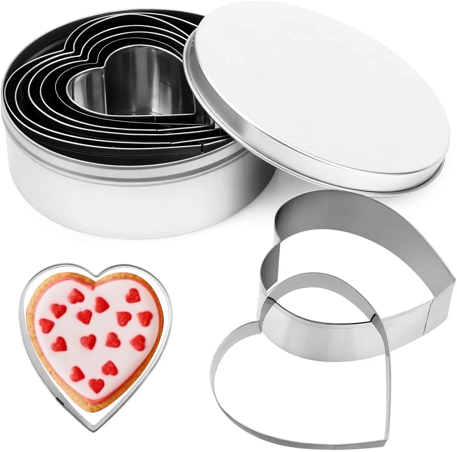 Heart Shape Cookie Cutter Set - 6 Pieces Valentine's Day Gift Stainless Steel Biscuit Pastry Cutters, Silver