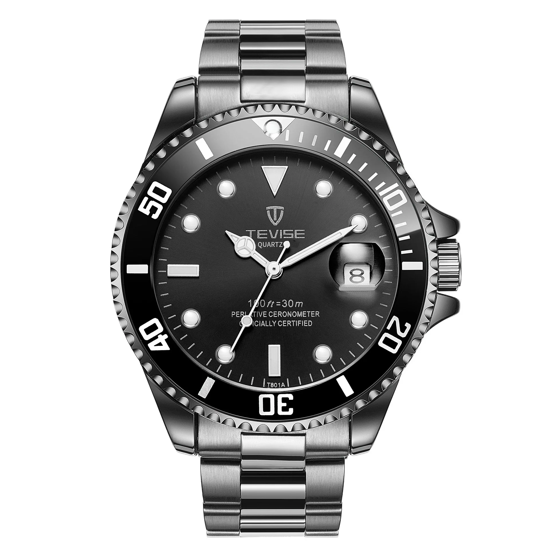 TEVISE Модные мужские кварцевые часы с календарем водонепроницаемые деловые мужские часы из нержавеющей стали ремешок мужские часы Подарки для мужчин - Цвет: black