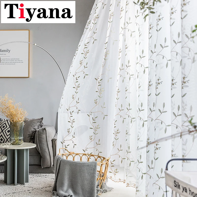 

Romantic Curtain Panels for Girls Room Bedroom Green Leaves Printed Window Voile Drapes for Kitchen Balcony Blinds Decor M199Y