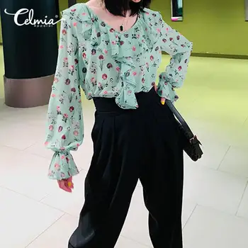 

Women Summer Chiffon Blouse Celmia Vintage Shirt Floral Printed Long Sleeve Casual Ruffled Top Plus Size Fashion Office Blusas