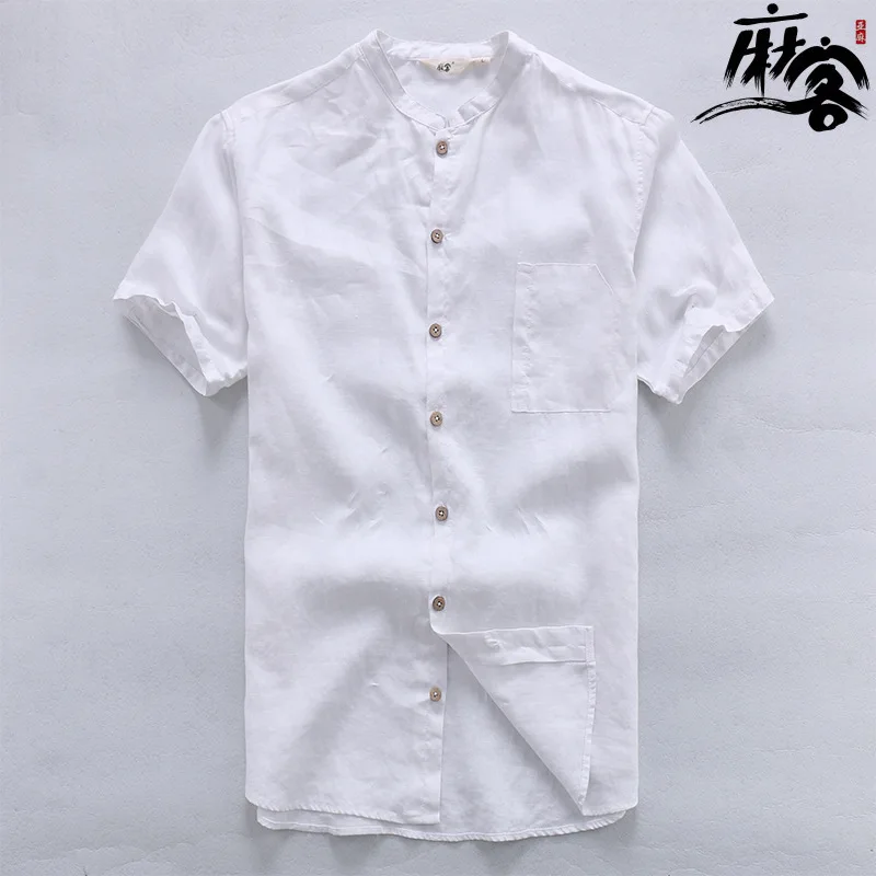 

Summer Flax Men Stand Collar Casual Loose-Fit Literature And Art Short Sleeve Shirt Cardigan Cotton Linen 15