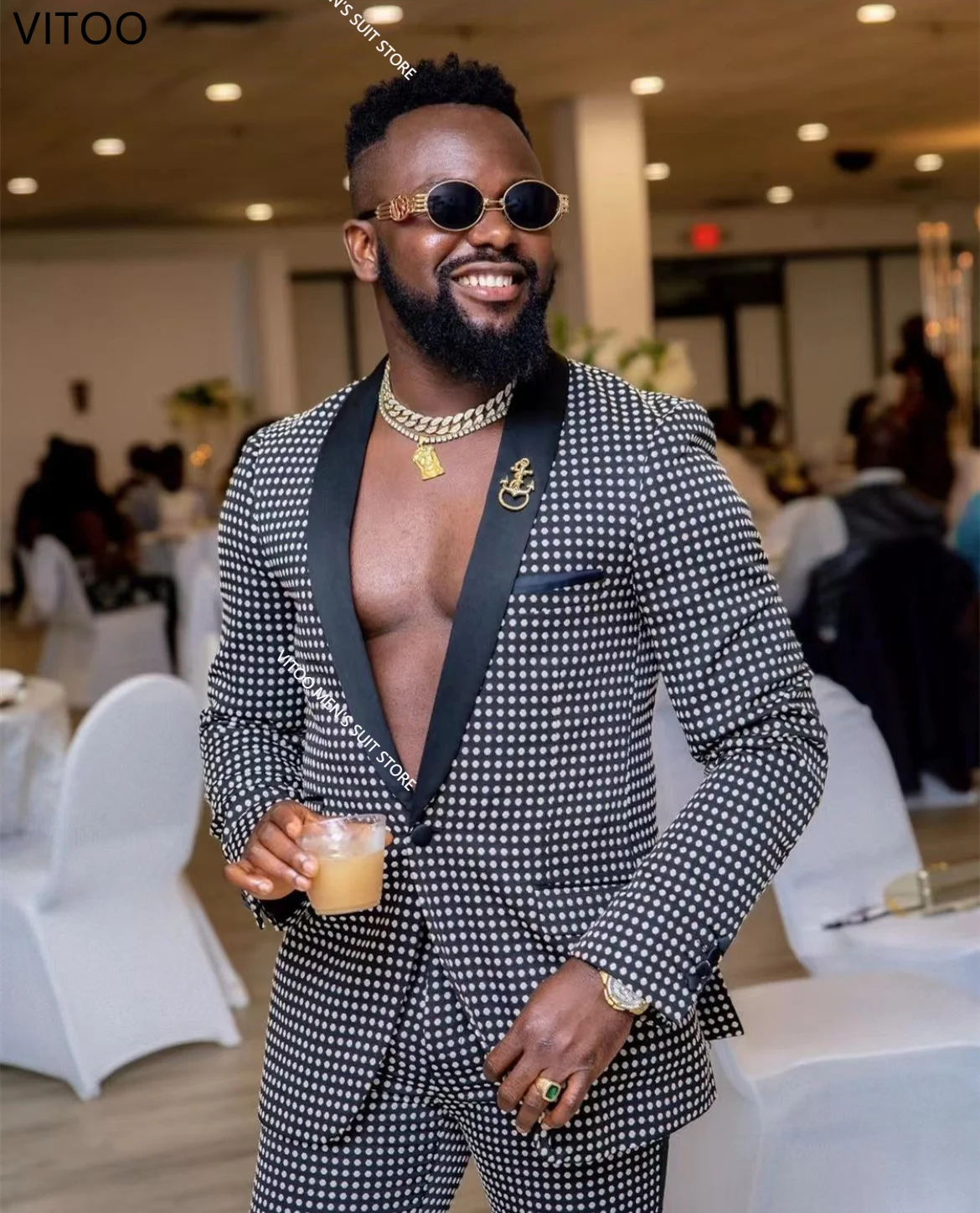 

Fashion Black Dot Groom Tuxedo Shawl Lapel Groomsmen Wedding Banquet Party Dress Excellent Men's Suit Jacket Blazer Male Set