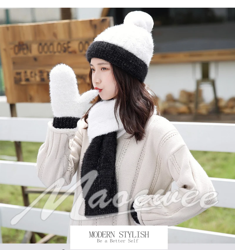 Искусственный мех зимняя шапка шарф наборы перчаток Твердые толстые теплые уличные женские шапки перчатки набор модные уличные ветрозащитные шапочки для девочек