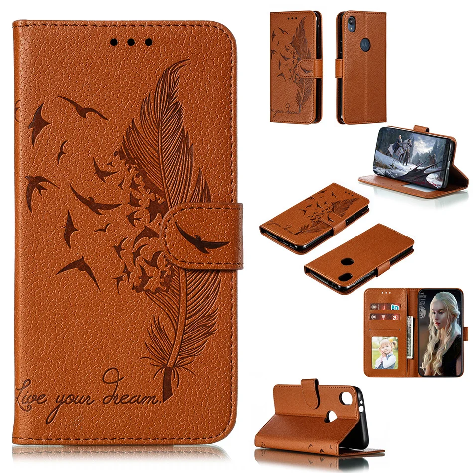 Feather Embossing Wallet Flip Cases For Motorola G7 Play G7 Power Z4 Play One Pro One Zoom Back Cover For Moto E6 Play G8 Plus iphone 8 plus wallet case