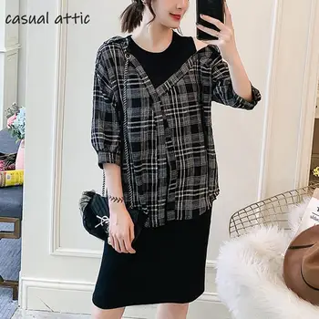 

Plus Size Fake Two Pieces Plaid Shirt Patchwork Dress 2019 Autumn Vintage Black Loose Casual O-neck Off Shoulder Dresses