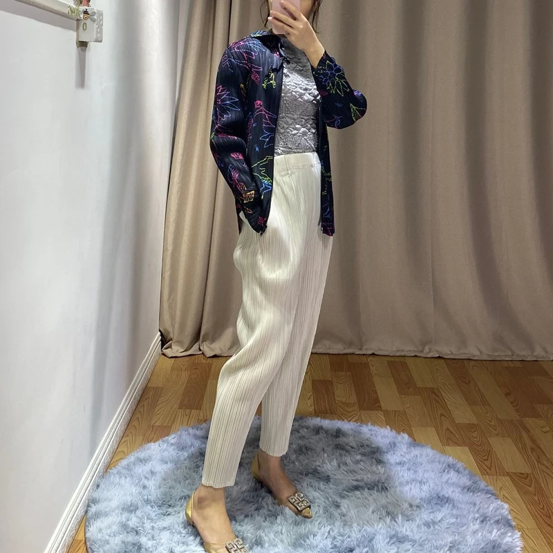 Весеннее Плиссированное пальто с капюшоном и принтом Miyake, модное приталенное пальто на молнии с длинными рукавами для женщин