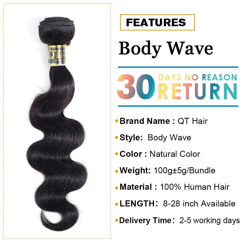 QT Hair Malaysian Body Wave Hair 3/4 Bundles With Lace Frontal Human Bundles With Frontal Non Remy Black Color